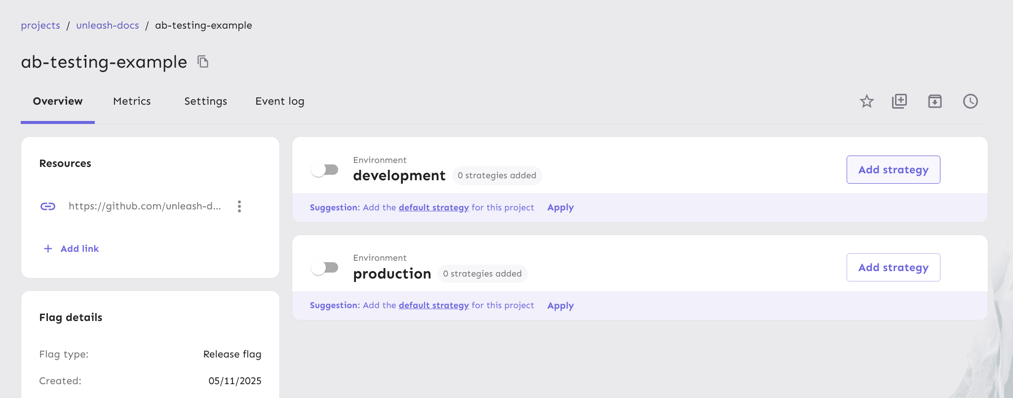 Add your first strategy from the flag view in Unleash.